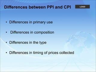 Differences between PPI and CPI Differences in primary use Differences in composition Differences in the type Differences in timing of prices collected 