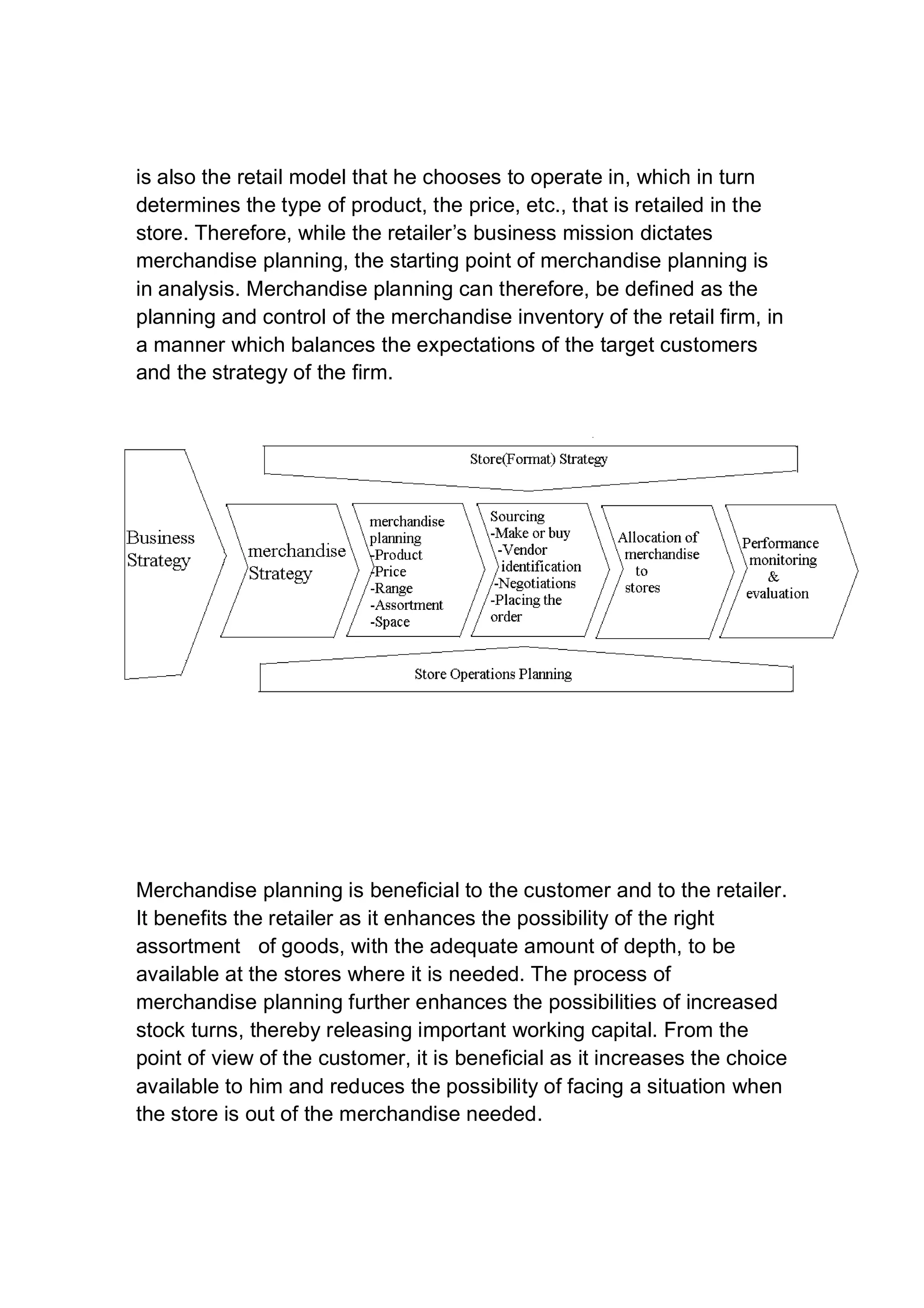 is also the retail model that he chooses to operate in, which in turn
determines the type of product, the price, etc., that is retailed in the
store. Therefore, while the retailer’s business mission dictates
merchandise planning, the starting point of merchandise planning is
in analysis. Merchandise planning can therefore, be defined as the
planning and control of the merchandise inventory of the retail firm, in
a manner which balances the expectations of the target customers
and the strategy of the firm.
Merchandise planning is beneficial to the customer and to the retailer.
It benefits the retailer as it enhances the possibility of the right
assortment of goods, with the adequate amount of depth, to be
available at the stores where it is needed. The process of
merchandise planning further enhances the possibilities of increased
stock turns, thereby releasing important working capital. From the
point of view of the customer, it is beneficial as it increases the choice
available to him and reduces the possibility of facing a situation when
the store is out of the merchandise needed.
 