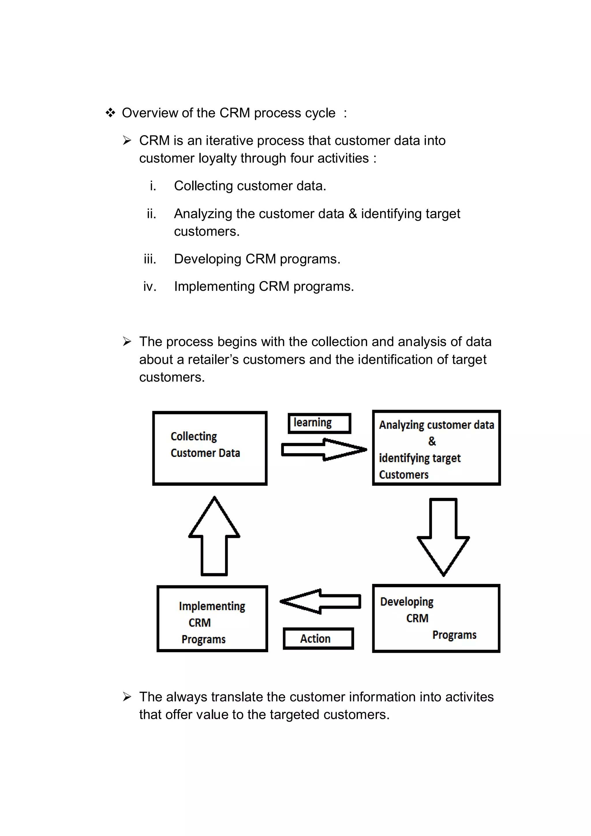 Overview of the CRM process cycle :
 CRM is an iterative process that customer data into
customer loyalty through four activities :
i. Collecting customer data.
ii. Analyzing the customer data & identifying target
customers.
iii. Developing CRM programs.
iv. Implementing CRM programs.
 The process begins with the collection and analysis of data
about a retailer’s customers and the identification of target
customers.
 The always translate the customer information into activites
that offer value to the targeted customers.
 