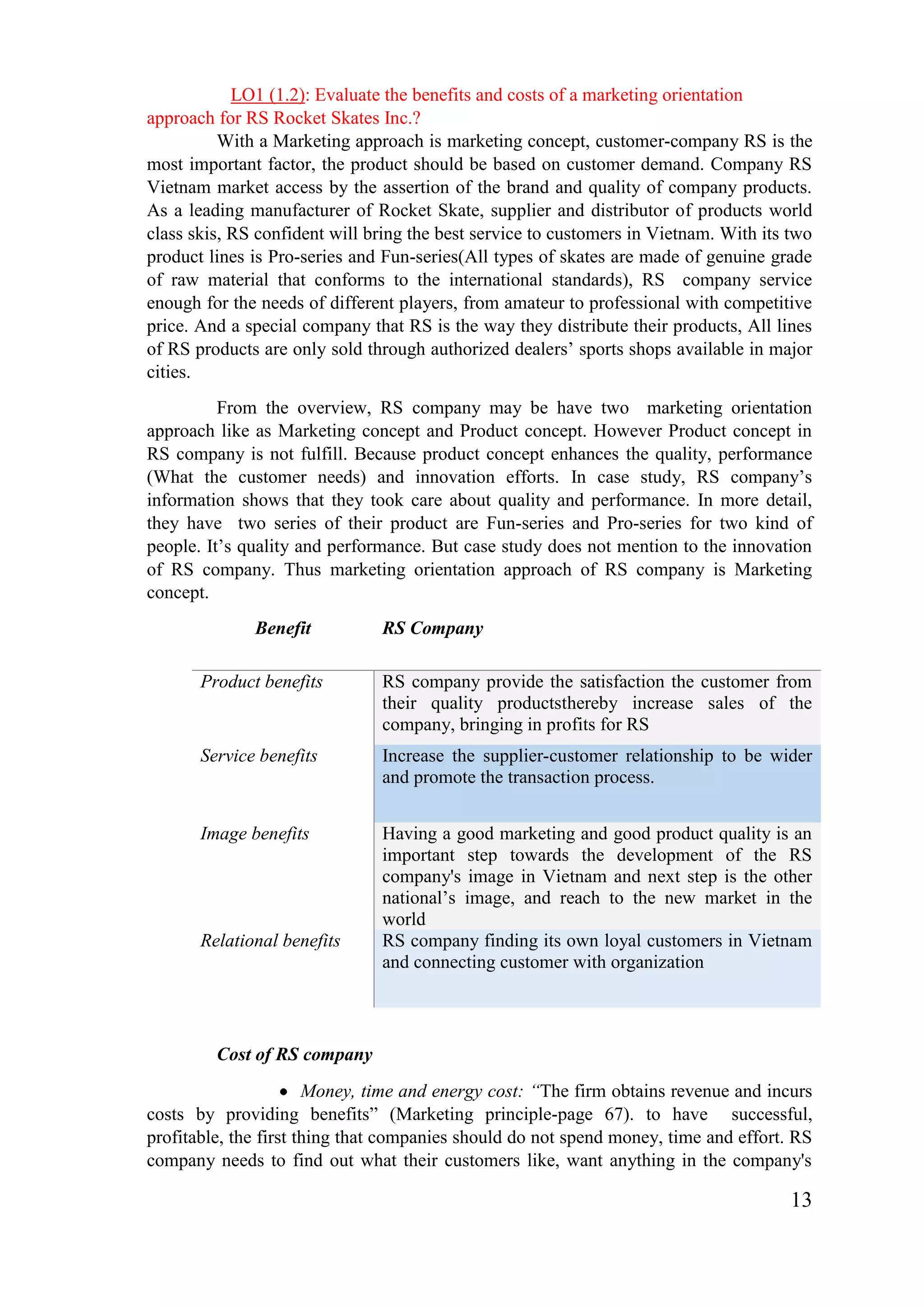13
LO1 (1.2): Evaluate the benefits and costs of a marketing orientation
approach for RS Rocket Skates Inc.?
With a Marketing approach is marketing concept, customer-company RS is the
most important factor, the product should be based on customer demand. Company RS
Vietnam market access by the assertion of the brand and quality of company products.
As a leading manufacturer of Rocket Skate, supplier and distributor of products world
class skis, RS confident will bring the best service to customers in Vietnam. With its two
product lines is Pro-series and Fun-series(All types of skates are made of genuine grade
of raw material that conforms to the international standards), RS company service
enough for the needs of different players, from amateur to professional with competitive
price. And a special company that RS is the way they distribute their products, All lines
of RS products are only sold through authorized dealers’ sports shops available in major
cities.
From the overview, RS company may be have two marketing orientation
approach like as Marketing concept and Product concept. However Product concept in
RS company is not fulfill. Because product concept enhances the quality, performance
(What the customer needs) and innovation efforts. In case study, RS company’s
information shows that they took care about quality and performance. In more detail,
they have two series of their product are Fun-series and Pro-series for two kind of
people. It’s quality and performance. But case study does not mention to the innovation
of RS company. Thus marketing orientation approach of RS company is Marketing
concept.
Benefit RS Company
Product benefits RS company provide the satisfaction the customer from
their quality productsthereby increase sales of the
company, bringing in profits for RS
Service benefits Increase the supplier-customer relationship to be wider
and promote the transaction process.
Image benefits Having a good marketing and good product quality is an
important step towards the development of the RS
company's image in Vietnam and next step is the other
national’s image, and reach to the new market in the
world
Relational benefits RS company finding its own loyal customers in Vietnam
and connecting customer with organization
Cost of RS company
Money, time and energy cost: “The firm obtains revenue and incurs
costs by providing benefits” (Marketing principle-page 67). to have successful,
profitable, the first thing that companies should do not spend money, time and effort. RS
company needs to find out what their customers like, want anything in the company's
 