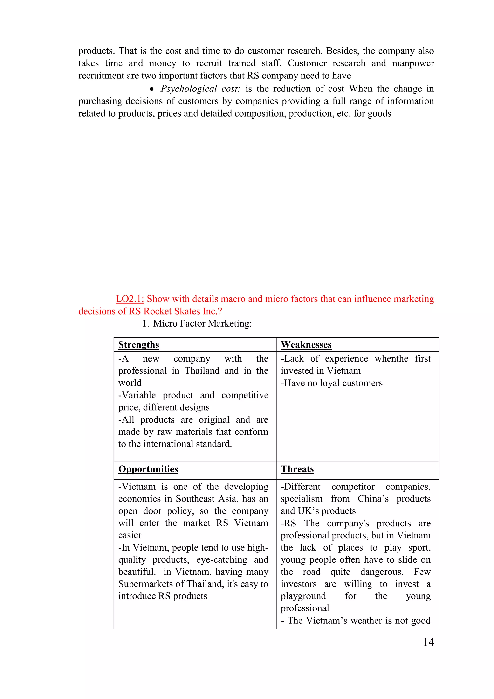 14
products. That is the cost and time to do customer research. Besides, the company also
takes time and money to recruit trained staff. Customer research and manpower
recruitment are two important factors that RS company need to have
Psychological cost: is the reduction of cost When the change in
purchasing decisions of customers by companies providing a full range of information
related to products, prices and detailed composition, production, etc. for goods
LO2.1: Show with details macro and micro factors that can influence marketing
decisions of RS Rocket Skates Inc.?
1. Micro Factor Marketing:
Strengths Weaknesses
-A new company with the
professional in Thailand and in the
world
-Variable product and competitive
price, different designs
-All products are original and are
made by raw materials that conform
to the international standard.
-Lack of experience whenthe first
invested in Vietnam
-Have no loyal customers
Opportunities Threats
-Vietnam is one of the developing
economies in Southeast Asia, has an
open door policy, so the company
will enter the market RS Vietnam
easier
-In Vietnam, people tend to use high-
quality products, eye-catching and
beautiful. in Vietnam, having many
Supermarkets of Thailand, it's easy to
introduce RS products
-Different competitor companies,
specialism from China’s products
and UK’s products
-RS The company's products are
professional products, but in Vietnam
the lack of places to play sport,
young people often have to slide on
the road quite dangerous. Few
investors are willing to invest a
playground for the young
professional
- The Vietnam’s weather is not good
 