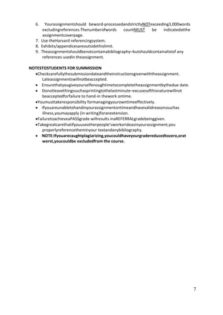 7
6. Yourassignmentshould beword-processedandstrictlyNOTexceeding3,000words
excludingreferences.Thenumberofwords countMUST be indicatedatthe
assignmentcoverpage.
7. Use theHarvard referencingsystem.
8. Exhibits/appendicesareoutsidethislimit.
9. Theassignmentshouldbenotcontainabibliography–butshouldcontainalistof any
references usedin theassignment.
NOTESTOSTUDENTS FOR SUMMISSION
Checkcarefullythesubmissiondateandtheinstructionsgivenwiththeassignment.
Lateassignmentswillnotbeaccepted.
Ensurethatyougiveyourselfenoughtimetocompletetheassignmentbythedue date.
Donotleavethingssuchasprintingtothelastminute–excusesofthisnaturewillnot
beacceptedforfailure to hand-in thework ontime.
Youmusttakeresponsibility formanagingyourowntimeeffectively.
Ifyouareunabletohandinyourassignmentontimeandhavevalidreasonssuchas
illness,youmayapply (in writing)foranextension.
FailuretoachieveaPASSgrade willresults inaREFERRALgradebeinggiven.
Takegreatcarethatifyouuseotherpeople’sworkorideasinyourassignment,you
properlyreferencetheminyour textandanybibliography.
NOTE:Ifyouarecaughtplagiarizing,youcouldhaveyourgradereducedtozero,orat
worst,youcouldbe excludedfrom the course.
 