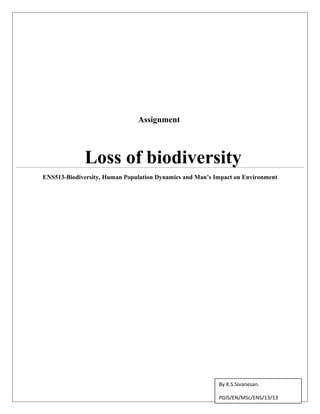 Assignment

Loss of biodiversity
ENS513-Biodiversity, Human Population Dynamics and Man’s Impact on Environment

By.K.S.Sivanesan.
PGIS/EN/MSc/ENS/13/13

 