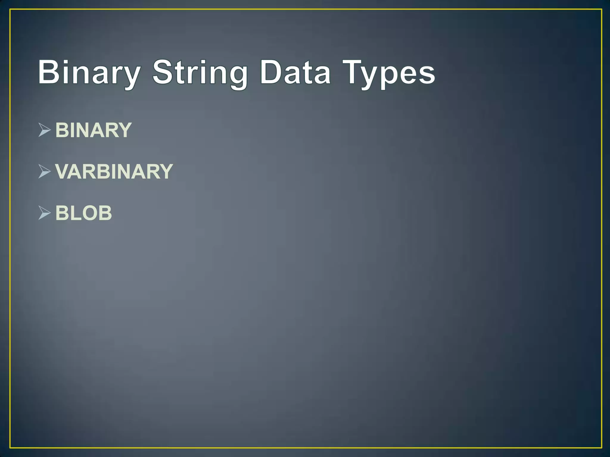  BINARY

 VARBINARY
 BLOB

 