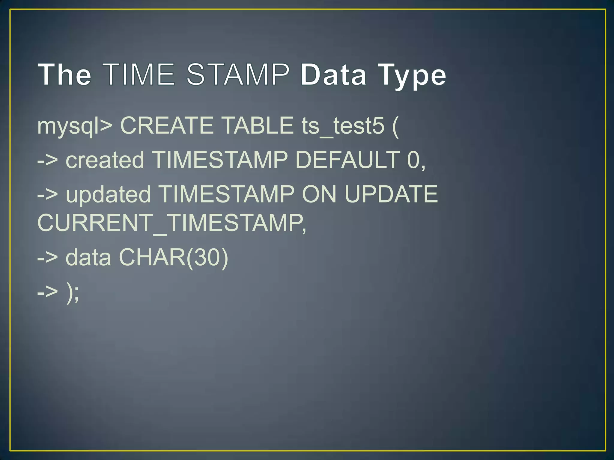 mysql> CREATE TABLE ts_test5 (
-> created TIMESTAMP DEFAULT 0,
-> updated TIMESTAMP ON UPDATE
CURRENT_TIMESTAMP,
-> data CHAR(30)
-> );

 
