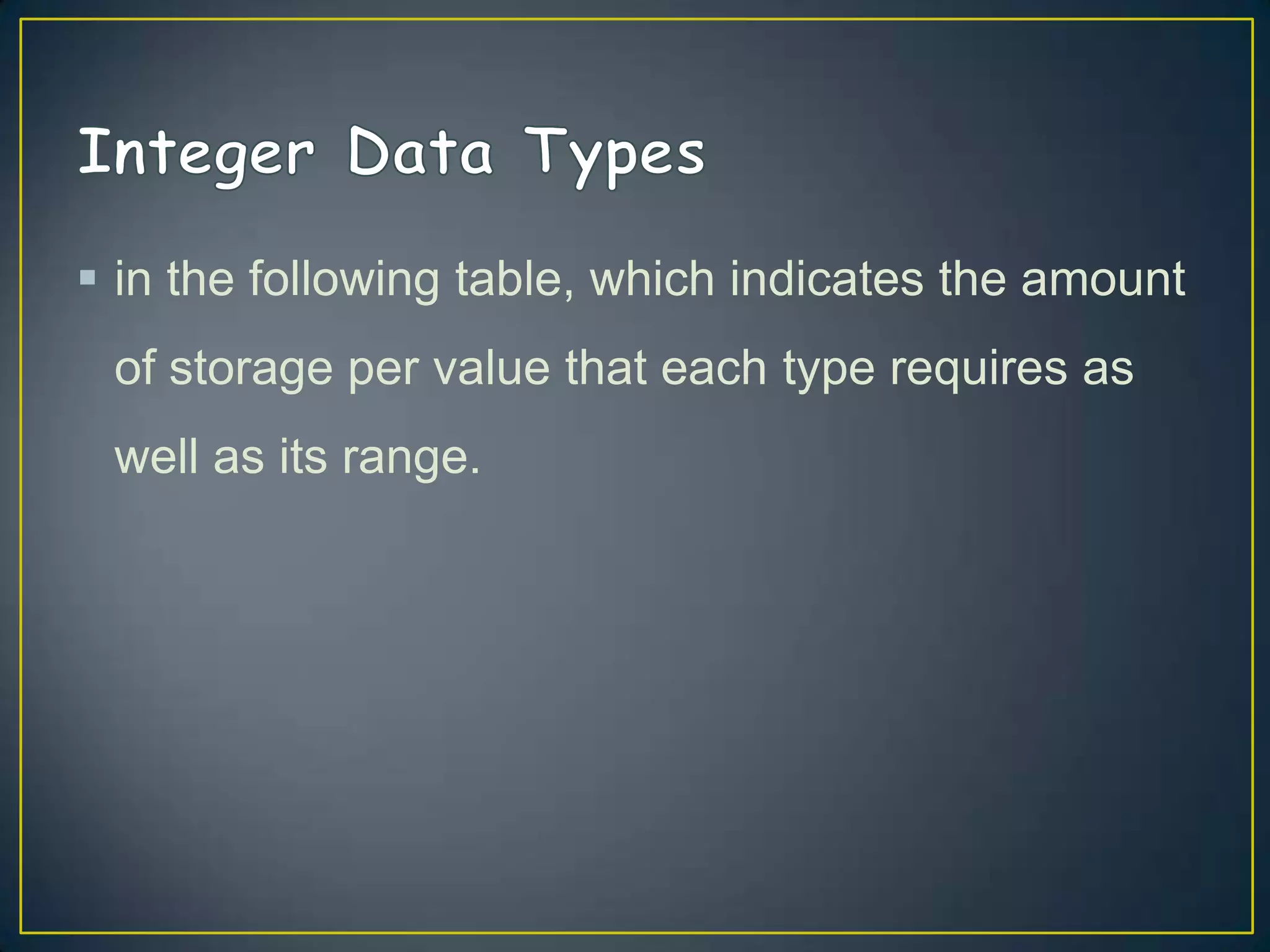  in the following table, which indicates the amount
of storage per value that each type requires as
well as its range.

 