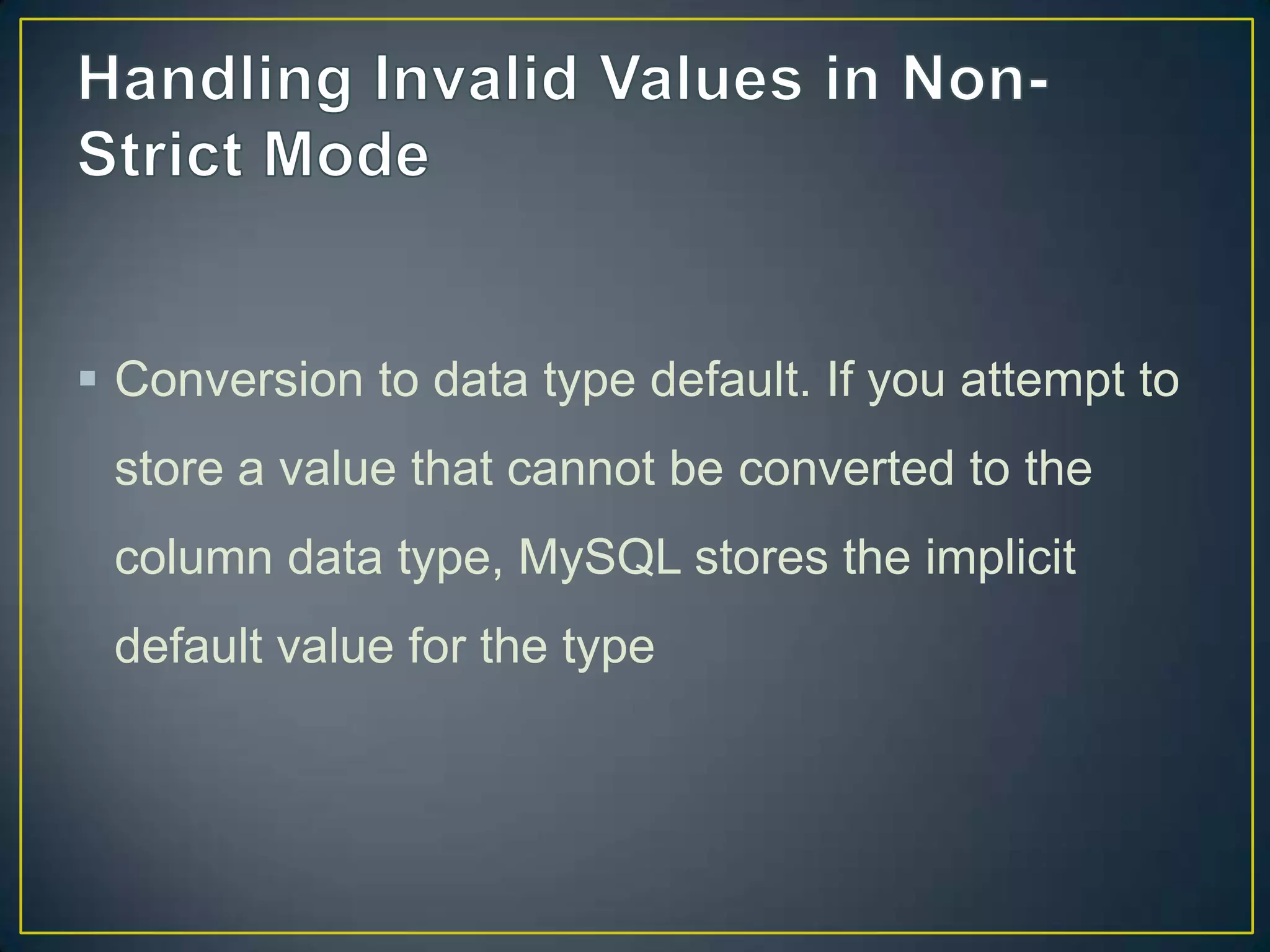  Conversion to data type default. If you attempt to
store a value that cannot be converted to the

column data type, MySQL stores the implicit
default value for the type

 