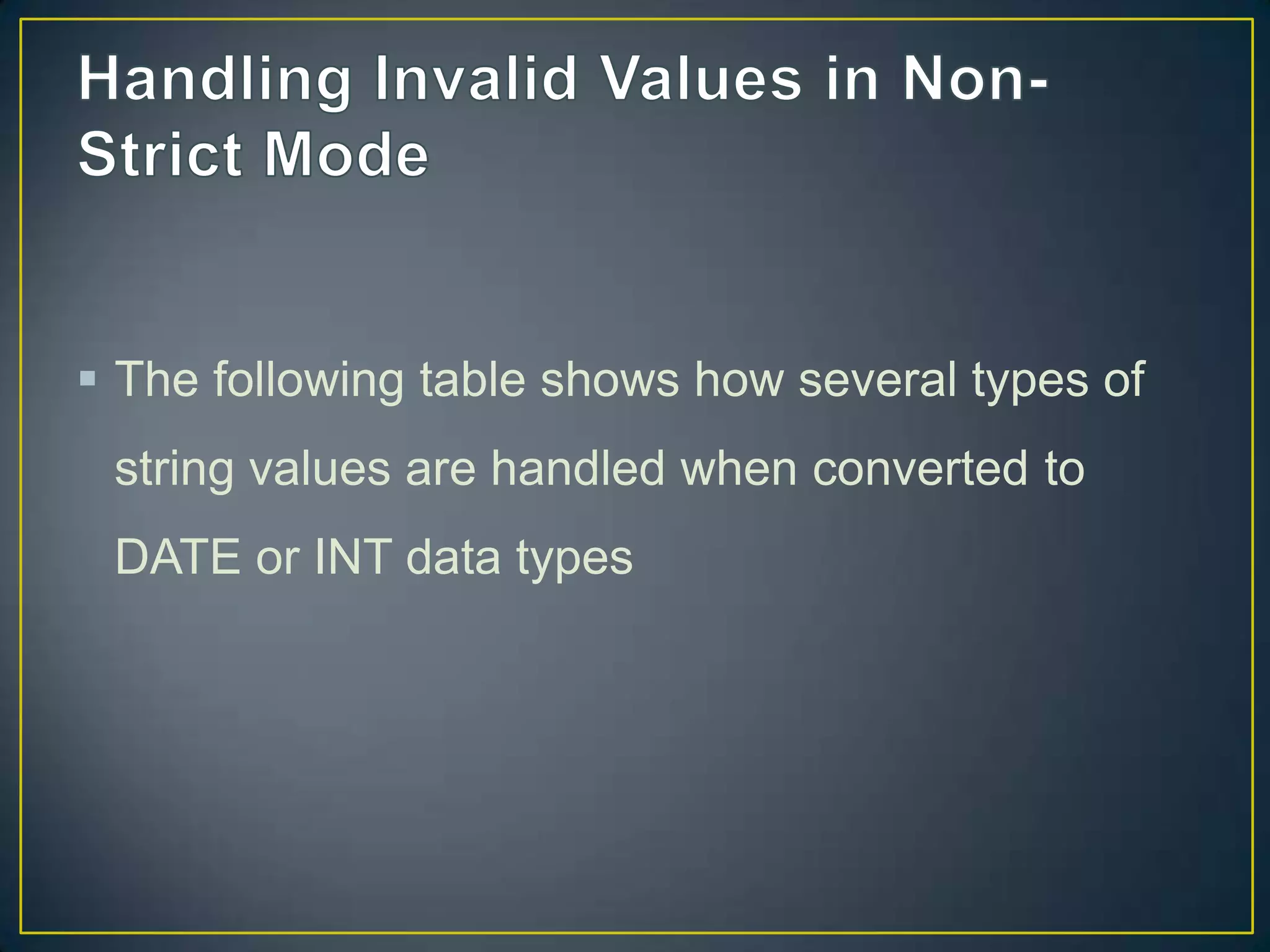  The following table shows how several types of
string values are handled when converted to

DATE or INT data types

 
