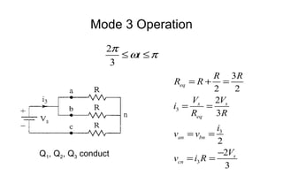 Mode 3 Operation
2π
≤ ωt ≤ π
3
R 3R
Req = R + =
2
2
Vs
2Vs
i3 =
=
Req
3R

Q1, Q2, Q3 conduct

i3
van = vbn =
2
−2Vs
vcn = i3 R =
3

 