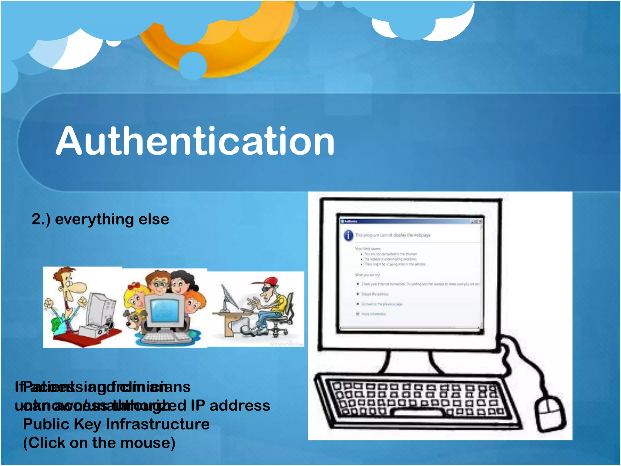 Authentication
2.) everything else

IfPatients and clinicians
accessing from an
can access through
unknown/unauthorized IP address
Public Key Infrastructure
(Click on the mouse)

 