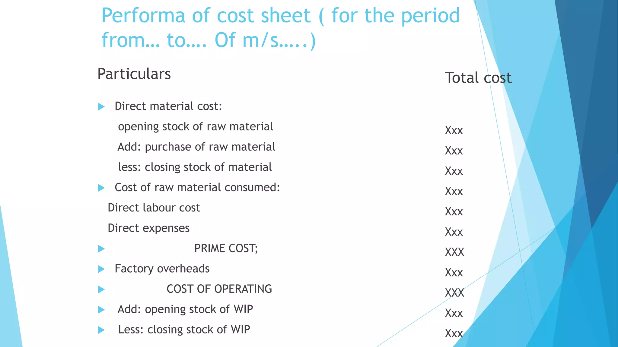 Performa of cost sheet ( for the period
from… to…. Of m/s…..)
Particulars


Total cost

Direct material cost:
opening stock of raw material
Add: purchase of raw material

Xxx

less: closing stock of material


Xxx
Xxx

Cost of raw material consumed:

Xxx

Direct labour cost
Direct expenses





Xxx
Xxx

PRIME COST;

Factory overheads
COST OF OPERATING

XXX
Xxx
XXX



Add: opening stock of WIP

Xxx



Less: closing stock of WIP

Xxx

 