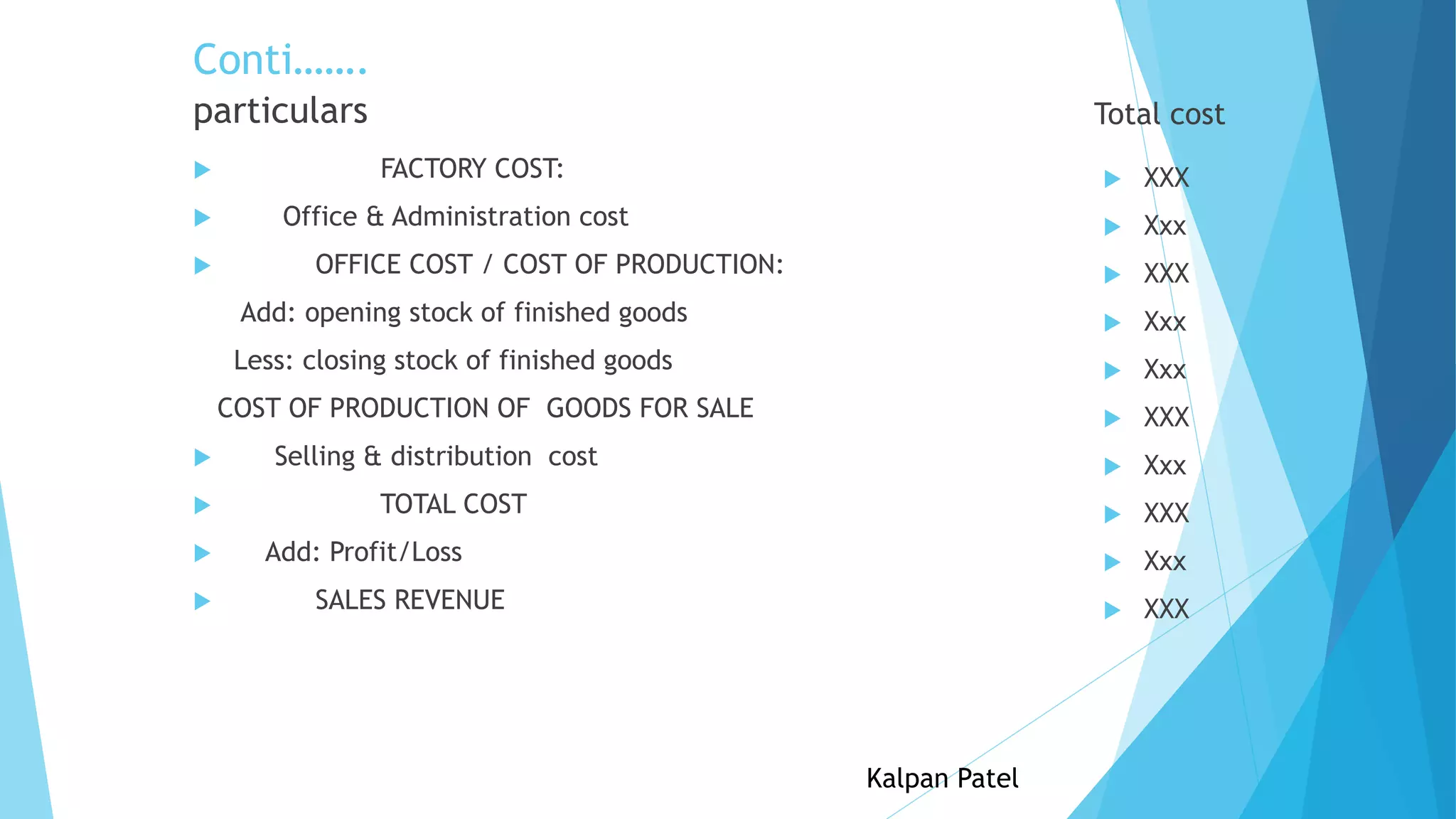 Conti…….
particulars




Total cost
FACTORY COST:









SALES REVENUE

Kalpan Patel

Xxx



Add: Profit/Loss

XXX



TOTAL COST

Xxx



Selling & distribution cost

XXX



COST OF PRODUCTION OF GOODS FOR SALE

Xxx



Less: closing stock of finished goods

Xxx



Add: opening stock of finished goods

XXX



OFFICE COST / COST OF PRODUCTION:

Xxx



Office & Administration cost

XXX

XXX

 
