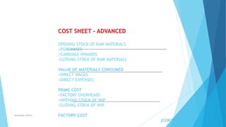 COST SHEET - ADVANCED
OPENING STOCK OF RAW MATERIALS
+PURCHASES
+CARRIAGE INWARDS
-CLOSING STOCK OF RAW MATERIALS

VALUE OF MATERIALS CONSUMED
+DIRECT WAGES
+DIRECT EXPENSES
PRIME COST
+FACTORY OVERHEADS
+OPENING STOCK OF WIP
-CLOSING STOCK OF WIP
ahsanullah.mohsen

FACTORY COST
(CONT.)

 
