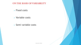 ON THE BASIS OF VARIABILITY


Fixed costs



Variable costs



Semi variable costs

ahsanullah.mohsen

 