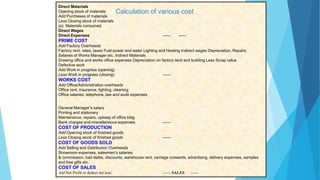 Direct Materials
Opening stock of materials
Add Purchases of materials
Less Closing stock of materials
(a) Materials consumed
Direct Wages
Direct Expenses

Calculation of various cost

------

------

PRIME COST
Add Factory Overheads
Factory rent, rates, taxes Fuel-power and water Lighting and Heating Indirect wages Depreciation, Repairs
Salaries of Works Manager etc. Indirect Materials
Drawing office and works office expenses Depreciation on factory land and building Less Scrap value
Defective work
Add Work in progress (opening)
Less Work in progress (closing)
------

WORKS COST
Add Office/Administration overheads
Office rent, insurance, lighting, cleaning
Office salaries, telephone, law and audit expenses

General Manager’s salary
Printing and stationery
Maintenance, repairs, upkeep of office bldg
Bank charges and miscellaneous expenses

------

COST OF PRODUCTION
Add Opening stock of finished goods
Less Closing stock of finished goods

------

COST OF GOODS SOLD
Add Selling and Distribution Overheads
Showroom expenses, salesmen’s salaries
& commission, bad debts, discounts, warehouse rent, carriage outwards, advertising, delivery expenses, samples
and free gifts etc.

COST OF SALES
Add Net Profit or deduct net loss:

------ SALES

------

 