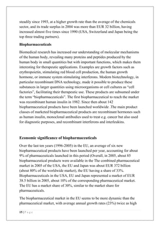 15 | P a g e
steadily since 1993, at a higher growth rate than the average of the chemicals
sector, and its trade surplus in 2004 was more than EUR 32 billion, having
increased almost five times since 1990 (USA, Switzerland and Japan being the
top three trading partners).
Biopharmaceuticals
Biomedical research has increased our understanding of molecular mechanisms
of the human body, revealing many proteins and peptides produced by the
human body in small quantities but with important functions, which makes them
interesting for therapeutic applications. Examples are growth factors such as
erythropoietin, stimulating red blood cell production, the human growth
hormone, or immune system stimulating interferons. Modern biotechnology, in
particular recombinant DNA technology, made it possible to produce these
substances in larger quantities using microorganisms or cell cultures as “cell
factories”, facilitating their therapeutic use. These products are subsumed under
the term “biopharmaceuticals”. The first biopharmaceutical to reach the market
was recombinant human insulin in 1982. Since then about 142
biopharmaceutical products have been launched worldwide .The main product
classes of marketed biopharmaceutical products are recombinant hormones such
as human insulin, monoclonal antibodies used to treat e.g. cancer but also used
for diagnostic purposes, and recombinant interferons and interleukins.
Economic significance of biopharmaceuticals
Over the last ten years (1996-2005) in the EU, an average of six new
biopharmaceutical products have been launched per year, accounting for about
9% of pharmaceuticals launched in this period (Overall, in 2005, about 85
biopharmaceutical products were available in the The combined pharmaceutical
market in 2005 of the USA, the EU and Japan was about EUR 372 billion
(about 80% of the worldwide market), the EU having a share of 33%.
Biopharmaceuticals in the USA, EU and Japan represented a market of EUR
38.5 billion in 2005, about 10% of the corresponding pharmaceutical market.
The EU has a market share of 30%, similar to the market share for
pharmaceuticals.
The biopharmaceutical market in the EU seems to be more dynamic than the
pharmaceutical market, with average annual growth rates (23%) twice as high
 