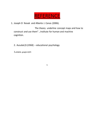 REFERENCE 
1. Joseph D Novak and Alberto J. Canas (2006). 
The theory underline concept maps and how to 
construct and use them” , institute for human and machine 
cognition. 
2. Ausubel,D.(1968) – educational psychology 
3.www. google com 
5 
 