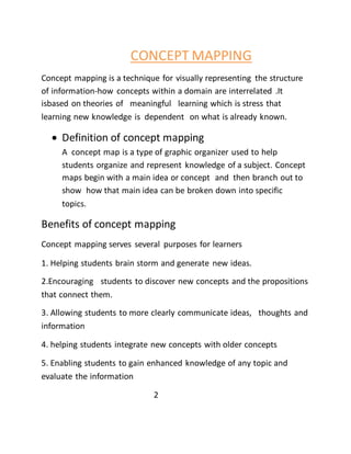 CONCEPT MAPPING 
Concept mapping is a technique for visually representing the structure 
of information-how concepts within a domain are interrelated .It 
isbased on theories of meaningful learning which is stress that 
learning new knowledge is dependent on what is already known. 
 Definition of concept mapping 
A concept map is a type of graphic organizer used to help 
students organize and represent knowledge of a subject. Concept 
maps begin with a main idea or concept and then branch out to 
show how that main idea can be broken down into specific 
topics. 
Benefits of concept mapping 
Concept mapping serves several purposes for learners 
1. Helping students brain storm and generate new ideas. 
2.Encouraging students to discover new concepts and the propositions 
that connect them. 
3. Allowing students to more clearly communicate ideas, thoughts and 
information 
4. helping students integrate new concepts with older concepts 
5. Enabling students to gain enhanced knowledge of any topic and 
evaluate the information 
2 
 