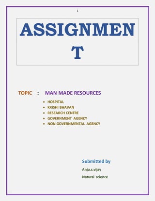 1 
ASSIGNMEN 
T 
TOPIC : MAN MADE RESOURCES 
 HOSPITAL 
 KRISHI BHAVAN 
 RESEARCH CENTRE 
 GOVERNMENT AGENCY 
 NON GOVERNMENTAL AGENCY 
Submitted by 
Anju.s.vijay 
Natural science 
 
