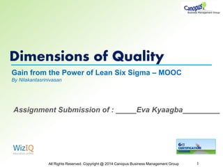 Dimensions of Quality
All Rights Reserved. Copyright @ 2014 Canopus Business Management Group 1
Gain from the Power of Lean Six Sigma – MOOC
By Nilakantasrinivasan
Assignment Submission of : _____Eva Kyaagba_________
 