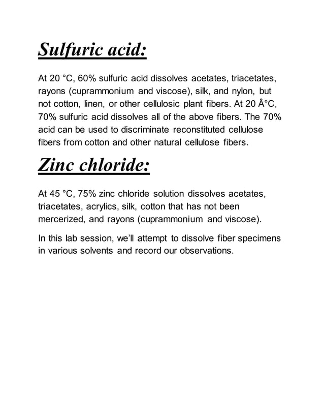 Microscopic View of fibers and their identification , solubility test PDF
