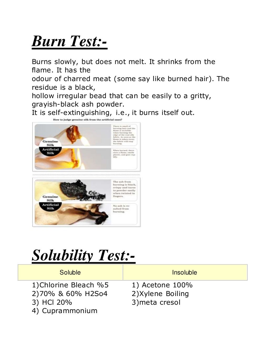 Microscopic View of fibers and their identification , solubility test