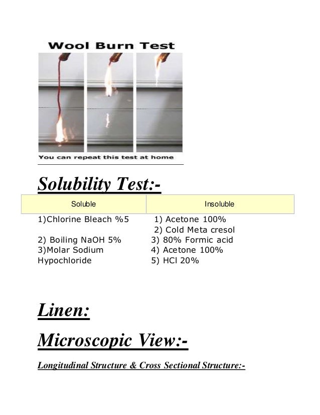 Microscopic View of fibers and their identification , solubility test
