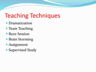 Teaching Techniques
 Dramatization
 Team Teaching
 Buzz Session
 Brain Storming
 Assignment
 Supervised Study
 