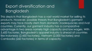 Export diversification and
Bangladesh
This depicts that Bangladesh has a vast world market for selling its
products. However, possible threats that Bangladesh's garment
exports may face mostly stem from domestic inadequacies and rival
countries. Currently, our garment industry has a comparative
advantage in two areas namely high capacity and low wages. With
5,600 factories, Bangladesh's apparel industry is ahead of countries
like Indonesia (2,450 factories), Vietnam (2,000 factories) and
Cambodia (260 factories) in terms of capacity.
 
