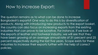 How to increase Export:
The question remains as to what can be done to increase
Bangladesh's exports? One way to do this is by diversification of
products. Along with introducing new products to the export basket,
the country can also focus on increasing exports from the existing
industries that can prove to be lucrative. For instance, if we look at
the exports of leather and footwear industry, we will see that they
have been growing at an average annual rate of 31 percent and 25
percent respectively during the last five years. Scope exists for these
industries to increase their exports further with the help of correct
policies.
 