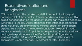 Export diversification and
Bangladesh
With about four million workers and 81.2 percent of total export
earnings, a lot of the country's fate depends on a single sector. High
export concentration on the garment sector can make the economy
vulnerable to shocks. Shocks stemming from international financial
crises, however, are likely to have minimal effects on Bangladeshi
exports. This is because the share of Bangladeshi exports in world
trade is extremely small. To put this in perspective, let us take a look at
our largest export partner -- the USA. Total import of goods and
services into the USA was $2,766 billion in 2013 and the share of
Bangladesh is only a meager 0.2 percent of total US imports.
 