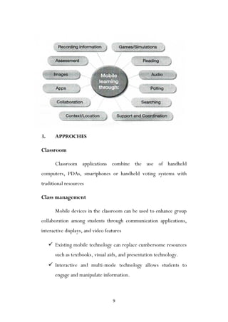 9
3. APPROCHES
Classroom
Classroom applications combine the use of handheld
computers, PDAs, smartphones or handheld voting systems with
traditional resources
Class management
Mobile devices in the classroom can be used to enhance group
collaboration among students through communication applications,
interactive displays, and video features
 Existing mobile technology can replace cumbersome resources
such as textbooks, visual aids, and presentation technology.
 Interactive and multi-mode technology allows students to
engage and manipulate information.
 