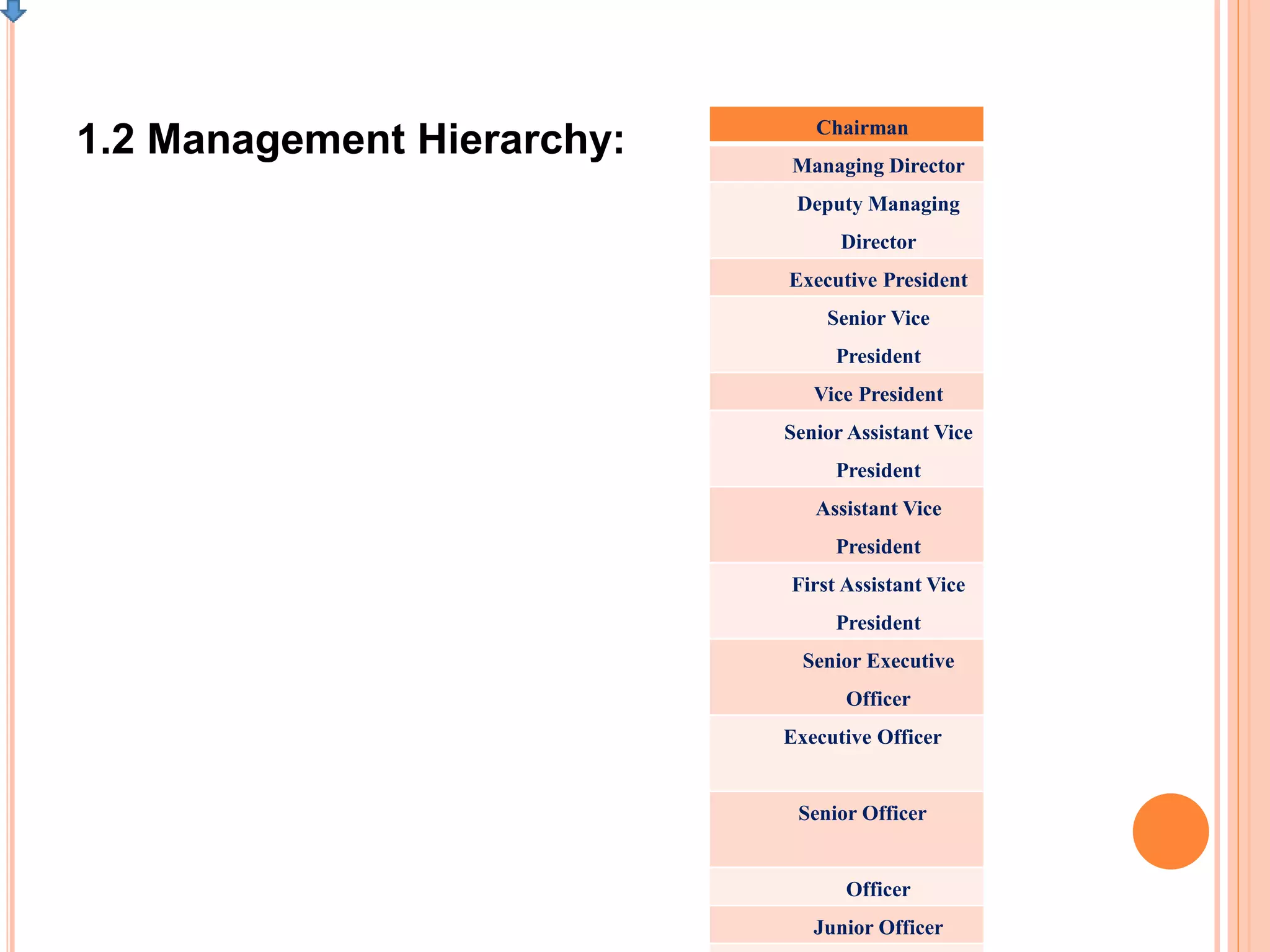 1.2 Management Hierarchy: Chairman
Managing Director
Deputy Managing
Director
Executive President
Senior Vice
President
Vice President
Senior Assistant Vice
President
Assistant Vice
President
First Assistant Vice
President
Senior Executive
Officer
Executive Officer
Senior Officer
Officer
Junior Officer
 