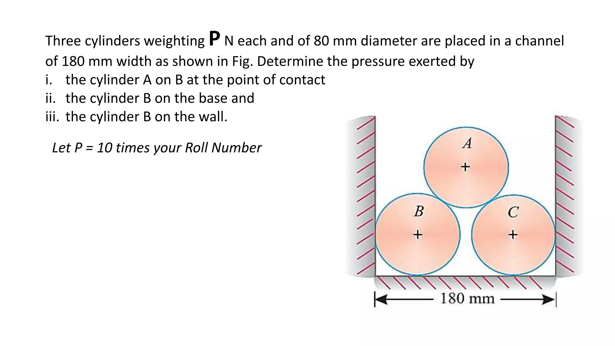 Three cylinders weighting PN each and of 80 mm diameter are placed in a channel
of 180 mm width as shown in Fig. Determine the pressure exerted by
i. the cylinder A on B at the point of contact
ii. the cylinder B on the base and
iii. the cylinder B on the wall.
Let P = 10 times your Roll Number
 