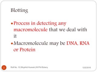 Blotting
Process in detecting any
macromolecule that we deal with
it
Macromolecule may be DNA, RNA
or Protein
Roll No. 12 (Mujahid Hussain) M.Phil Botany2 12/2/2016
 