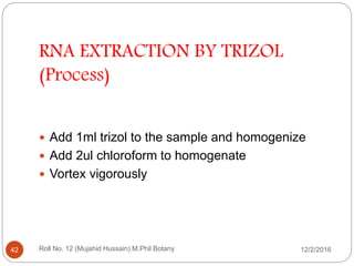 RNA EXTRACTION BY TRIZOL
(Process)
 Add 1ml trizol to the sample and homogenize
 Add 2ul chloroform to homogenate
 Vortex vigorously
Roll No. 12 (Mujahid Hussain) M.Phil Botany42 12/2/2016
 