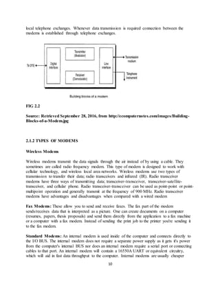 10
local telephone exchanges. Whenever data transmission is required connection between the
modems is established through telephone exchanges.
FIG 2.2
Source: Retrieved September 28, 2016, from http://ecomputernotes.com/images/Building-
Blocks-of-a-Modem.jpg
2.1.2 TYPES OF MODEMS
Wireless Modems
Wireless modems transmit the data signals through the air instead of by using a cable. They
sometimes are called radio frequency modem. This type of modem is designed to work with
cellular technology, and wireless local area networks. Wireless modems use two types of
transmission to transfer their data; radio transceivers and infrared (IR). Radio transceiver
modems have three ways of transmitting data; transceiver-transceiver, transceiver-satellite-
transceiver, and cellular phone. Radio transceiver-transceiver can be used as point-point or point-
multipoint operation and generally transmit at the frequency of 900 MHz. Radio transceiver
modems have advantages and disadvantages when compared with a wired modem
Fax Modems: These allow you to send and receive faxes. The fax part of the modem
sends/receives data that is interpreted as a picture. One can create documents on a computer
(resumes, papers, thesis proposals) and send them directly from the application to a fax machine
or a computer with a fax modem. Instead of sending the print job to the printer you're sending it
to the fax modem.
Standard Modems: An internal modem is used inside of the computer and connects directly to
the I/O BUS. The internal modem does not require a separate power supply as it gets it's power
from the computer's internal BUS nor does an internal modem require a serial port or connecting
cables to that port. An internal modem will contain a 16550A UART or equivalent circuitry,
which will aid in fast data throughput to the computer. Internal modems are usually cheaper
 