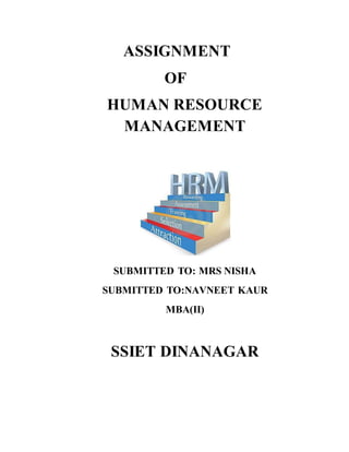 ASSIGNMENT
OF
HUMAN RESOURCE
MANAGEMENT
SUBMITTED TO: MRS NISHA
SUBMITTED TO:NAVNEET KAUR
MBA(II)
SSIET DINANAGAR
 