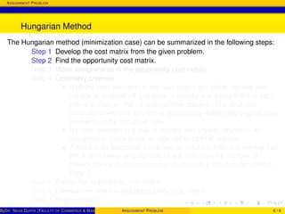 ASSIGNMENT PROBLEM
Hungarian Method
The Hungarian method (minimization case) can be summarized in the following steps:
Step 1 Develop the cost matrix from the given problem.
Step 2 Find the opportunity cost matrix.
Step 3 Make assignments in the opportunity cost matrix.
Step 4 Optimality criterion
If all the zero elements in the cost matrix are either marked with
square or crossed off and there is exactly one assignment in each
row and column, then it is an optimal solution. The total cost
associated with this solution is obtained by adding the original cost
elements in the occupied cells.
If a zero element in a row or column was chosen arbitrarily for
assignment, there exists an alternative optimal solution.
If there is no assignment in a row (or column), then this implies that
the total number of assignments are less than the number of
rows/columns in the square matrix. In such a situation proceed to
Step 5.
Step 5 Revise the opportunity cost matrix.
Step 6 Develop the new revised opportunity cost matrix.
Step 7 Repeat steps.
ByDR. NEHA GUPTA (FACULTY OF COMMERCE & MANAGEMENT, SGT UNIVERSITY)ASSIGNMENT PROBLEM 6 / 6
 