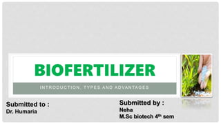 I N T R O D U C T I O N , T Y P E S A N D A D VA N TA G E S
BIOFERTILIZER
Submitted by :
Neha
M.Sc biotech 4th sem
Submitted to :
Dr. Humaria
 