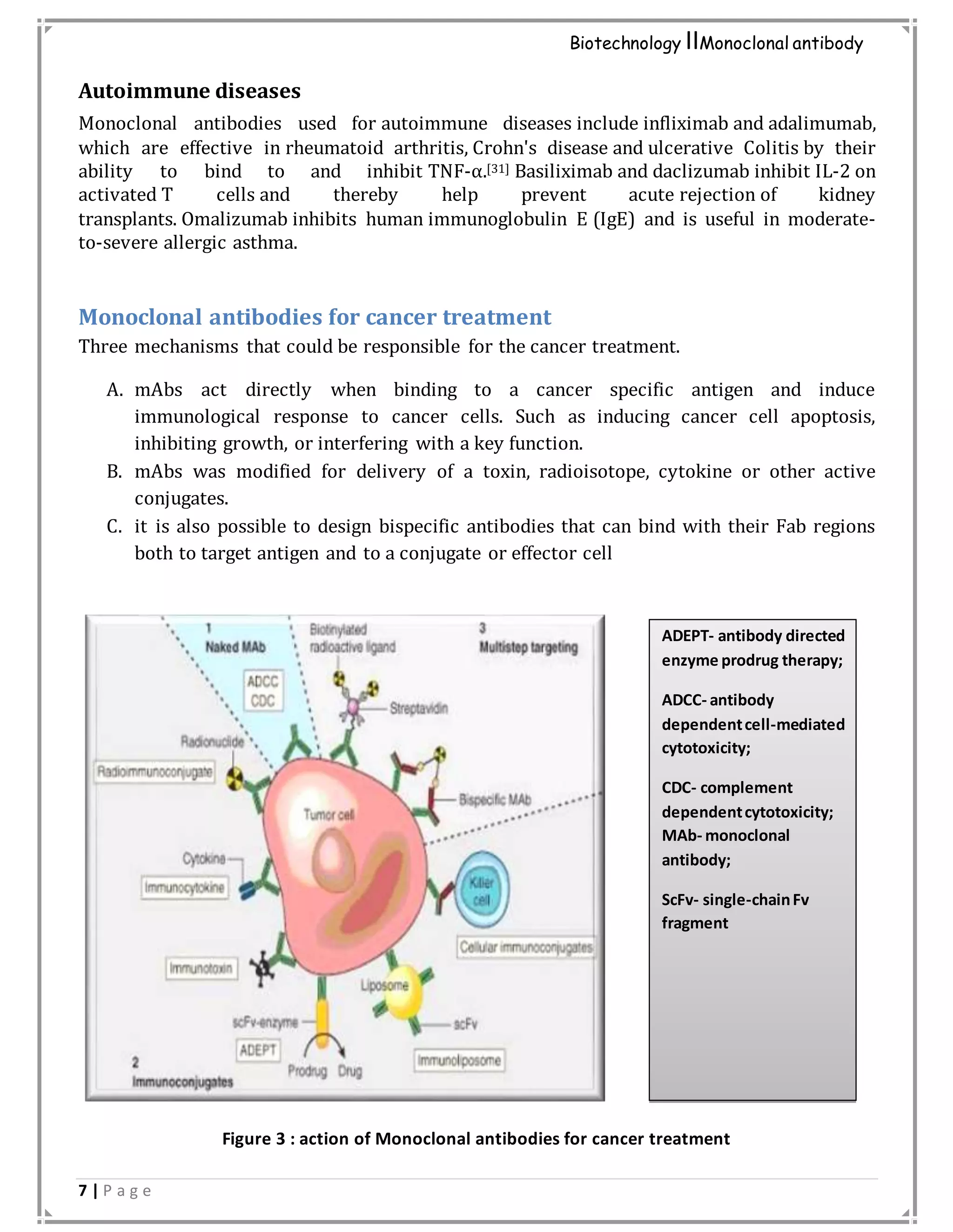 7 | P a g e
Biotechnology IIMonoclonal antibody
Autoimmune diseases
Monoclonal antibodies used for autoimmune diseases include infliximab and adalimumab,
which are effective in rheumatoid arthritis, Crohn's disease and ulcerative Colitis by their
ability to bind to and inhibit TNF-α.[31] Basiliximab and daclizumab inhibit IL-2 on
activated T cells and thereby help prevent acute rejection of kidney
transplants. Omalizumab inhibits human immunoglobulin E (IgE) and is useful in moderate-
to-severe allergic asthma.
Monoclonal antibodies for cancer treatment
Three mechanisms that could be responsible for the cancer treatment.
A. mAbs act directly when binding to a cancer specific antigen and induce
immunological response to cancer cells. Such as inducing cancer cell apoptosis,
inhibiting growth, or interfering with a key function.
B. mAbs was modified for delivery of a toxin, radioisotope, cytokine or other active
conjugates.
C. it is also possible to design bispecific antibodies that can bind with their Fab regions
both to target antigen and to a conjugate or effector cell
Figure 3 : action of Monoclonal antibodies for cancer treatment
ADEPT- antibody directed
enzyme prodrug therapy;
ADCC- antibody
dependentcell-mediated
cytotoxicity;
CDC- complement
dependentcytotoxicity;
MAb- monoclonal
antibody;
ScFv- single-chainFv
fragment
 