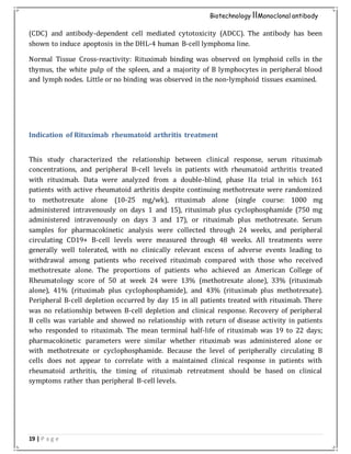 19 | P a g e
Biotechnology IIMonoclonal antibody
(CDC) and antibody-dependent cell mediated cytotoxicity (ADCC). The antibody has been
shown to induce apoptosis in the DHL-4 human B-cell lymphoma line.
Normal Tissue Cross-reactivity: Rituximab binding was observed on lymphoid cells in the
thymus, the white pulp of the spleen, and a majority of B lymphocytes in peripheral blood
and lymph nodes. Little or no binding was observed in the non-lymphoid tissues examined.
Indication of Rituximab rheumatoid arthritis treatment
This study characterized the relationship between clinical response, serum rituximab
concentrations, and peripheral B-cell levels in patients with rheumatoid arthritis treated
with rituximab. Data were analyzed from a double-blind, phase IIa trial in which 161
patients with active rheumatoid arthritis despite continuing methotrexate were randomized
to methotrexate alone (10-25 mg/wk), rituximab alone (single course: 1000 mg
administered intravenously on days 1 and 15), rituximab plus cyclophosphamide (750 mg
administered intravenously on days 3 and 17), or rituximab plus methotrexate. Serum
samples for pharmacokinetic analysis were collected through 24 weeks, and peripheral
circulating CD19+ B-cell levels were measured through 48 weeks. All treatments were
generally well tolerated, with no clinically relevant excess of adverse events leading to
withdrawal among patients who received rituximab compared with those who received
methotrexate alone. The proportions of patients who achieved an American College of
Rheumatology score of 50 at week 24 were 13% (methotrexate alone), 33% (rituximab
alone), 41% (rituximab plus cyclophosphamide), and 43% (rituximab plus methotrexate).
Peripheral B-cell depletion occurred by day 15 in all patients treated with rituximab. There
was no relationship between B-cell depletion and clinical response. Recovery of peripheral
B cells was variable and showed no relationship with return of disease activity in patients
who responded to rituximab. The mean terminal half-life of rituximab was 19 to 22 days;
pharmacokinetic parameters were similar whether rituximab was administered alone or
with methotrexate or cyclophosphamide. Because the level of peripherally circulating B
cells does not appear to correlate with a maintained clinical response in patients with
rheumatoid arthritis, the timing of rituximab retreatment should be based on clinical
symptoms rather than peripheral B-cell levels.
 