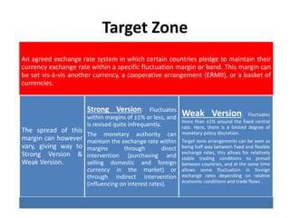 Target Zone
An agreed exchange rate system in which certain countries pledge to maintain their
currency exchange rate within a specific fluctuation margin or band. This margin can
be set vis-à-vis another currency, a cooperative arrangement (ERMII), or a basket of
currencies.
The spread of this
margin can however
vary, giving way to
Strong Version &
Weak Version.
Strong Version: Fluctuates
within margins of ±1% or less, and
is revised quite infrequently.
The monetary authority can
maintain the exchange rate within
margins through direct
intervention (purchasing and
selling domestic and foreign
currency in the market) or
through indirect intervention
(influencing on interest rates).
Weak Version: Fluctuates
more than ±1% around the fixed central
rate. Here, there is a limited degree of
monetary policy discretion.
Target zone arrangements can be seen as
being half way between fixed and flexible
exchange rates, this allows for relatively
stable trading conditions to prevail
between countries, and at the same time
allows some fluctuation in foreign
exchange rates depending on relative
economic conditions and trade flows .
 