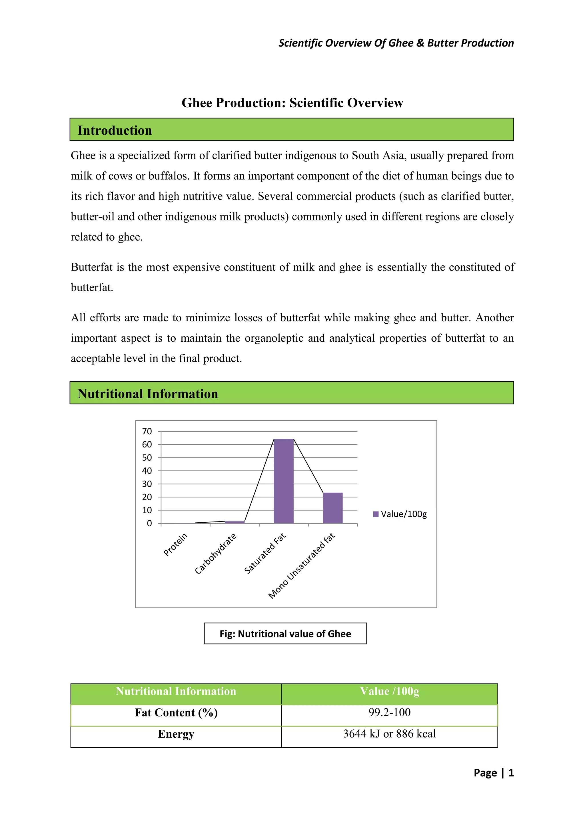 Scientific Overview Of Ghee & Butter Production
Page | 1
Ghee Production: Scientific Overview
Ghee is a specialized form of clarified butter indigenous to South Asia, usually prepared from
milk of cows or buffalos. It forms an important component of the diet of human beings due to
its rich flavor and high nutritive value. Several commercial products (such as clarified butter,
butter-oil and other indigenous milk products) commonly used in different regions are closely
related to ghee.
Butterfat is the most expensive constituent of milk and ghee is essentially the constituted of
butterfat.
All efforts are made to minimize losses of butterfat while making ghee and butter. Another
important aspect is to maintain the organoleptic and analytical properties of butterfat to an
acceptable level in the final product.
Nutritional Information Value /100g
Fat Content (%) 99.2-100
Energy 3644 kJ or 886 kcal
Introduction
Nutritional Information
0
10
20
30
40
50
60
70
Value/100g
Fig: Nutritional value of Ghee
 