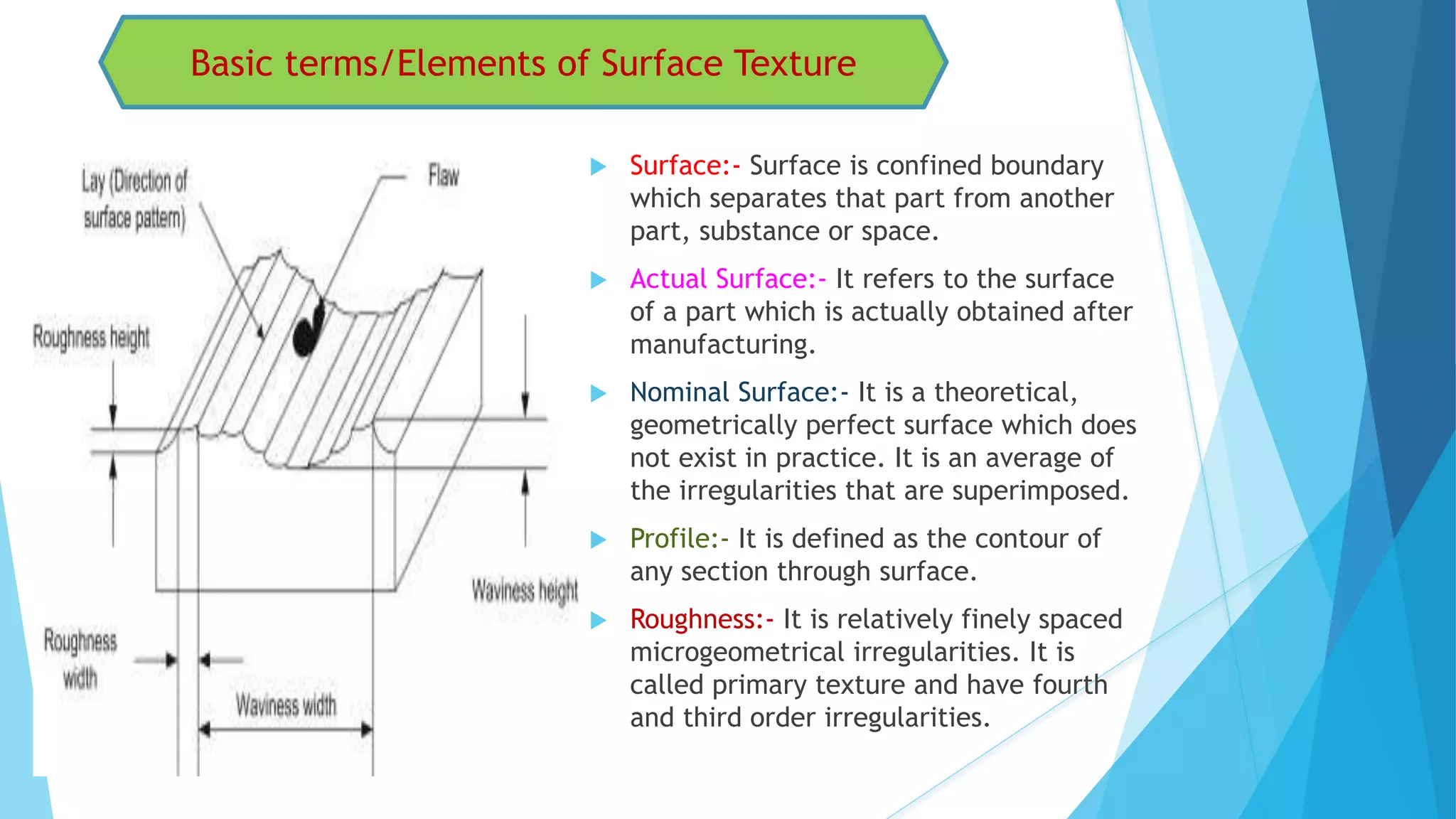 Basic terms/Elements of Surface Texture
 Surface:- Surface is confined boundary
which separates that part from another
part, substance or space.
 Actual Surface:- It refers to the surface
of a part which is actually obtained after
manufacturing.
 Nominal Surface:- It is a theoretical,
geometrically perfect surface which does
not exist in practice. It is an average of
the irregularities that are superimposed.
 Profile:- It is defined as the contour of
any section through surface.
 Roughness:- It is relatively finely spaced
microgeometrical irregularities. It is
called primary texture and have fourth
and third order irregularities.
 
