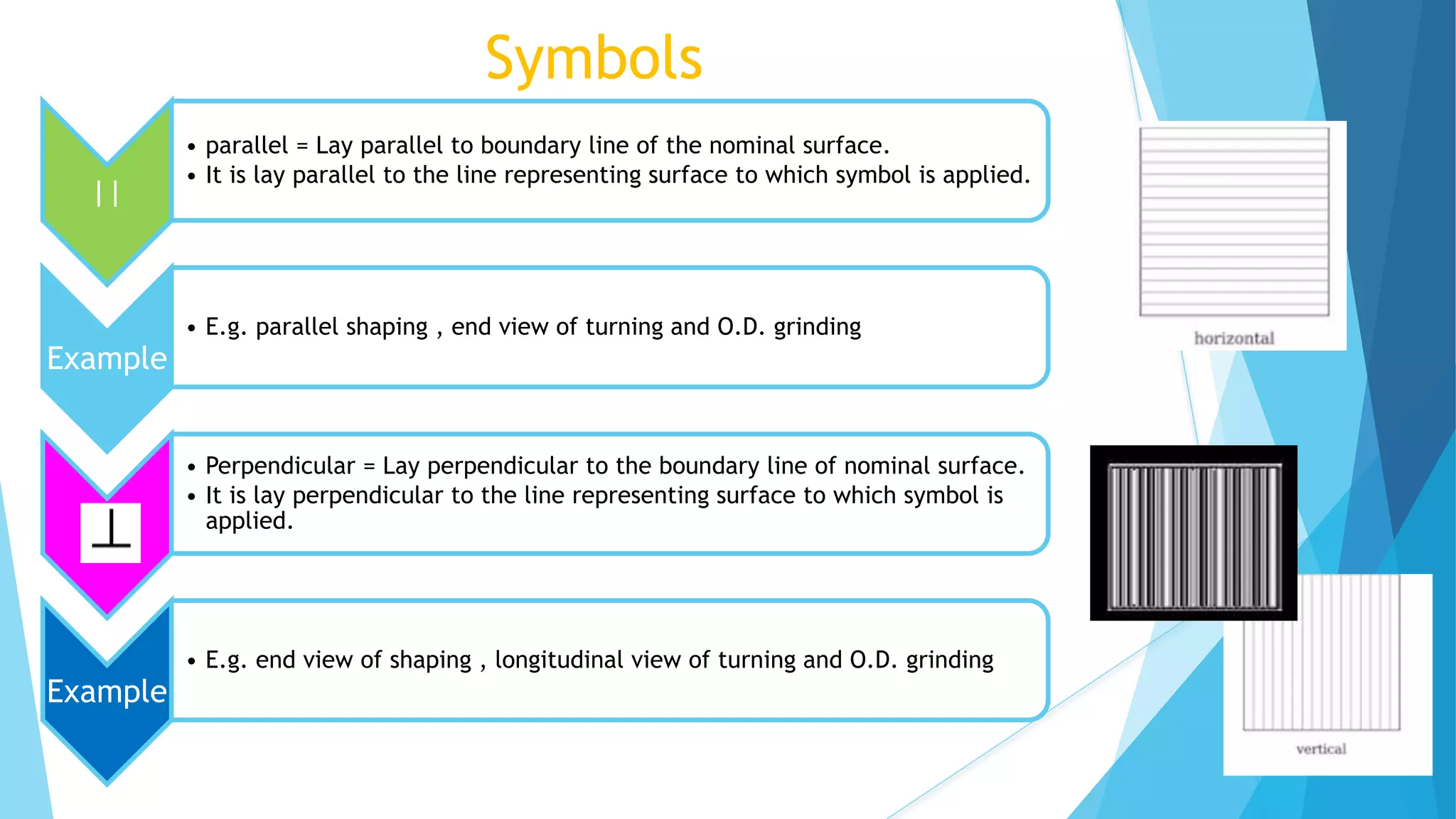Symbols
||
• parallel = Lay parallel to boundary line of the nominal surface.
• It is lay parallel to the line representing surface to which symbol is applied.
Example
• E.g. parallel shaping , end view of turning and O.D. grinding
• Perpendicular = Lay perpendicular to the boundary line of nominal surface.
• It is lay perpendicular to the line representing surface to which symbol is
applied.
Example
• E.g. end view of shaping , longitudinal view of turning and O.D. grinding
 