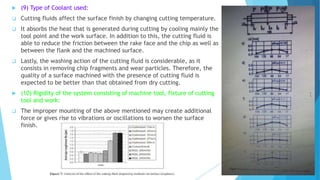 (9) Type of Coolant used:
 Cutting fluids affect the surface finish by changing cutting temperature.
 It absorbs the heat that is generated during cutting by cooling mainly the
tool point and the work surface. In addition to this, the cutting fluid is
able to reduce the friction between the rake face and the chip as well as
between the flank and the machined surface.
 Lastly, the washing action of the cutting fluid is considerable, as it
consists in removing chip fragments and wear particles. Therefore, the
quality of a surface machined with the presence of cutting fluid is
expected to be better than that obtained from dry cutting.
 (10) Rigidity of the system consisting of machine tool, fixture of cutting
tool and work:
 The improper mounting of the above mentioned may create additional
force or gives rise to vibrations or oscillations to worsen the surface
finish.
 