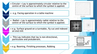 C
• Circular = Lay is approximately circular relative to the
centre of the surface to which the symbol is applied.
Example
• e.g. Facing operation in a lathe machine
R
• Radial = Lay is approximately radial relative to the
centre of the surface to which the symbol is applied.
Example
• e.g. Surface ground on a turntable, fly cut and indexed
on end mill
P
• This Lay indicates that lay is non-directional,
particulate and protuberant.
Example
• e.g. Reaming, Finishing processes, Rubbing
 