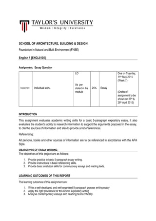 SCHOOL OF ARCHITECTURE, BUILDING & DESIGN
Foundation in Natural and Built Environment (FNBE)
English 1 [ENGL0105]
Assignment: Essay Question
Assignment Individual work.
LO
As per
stated in the
module
25% Essay
Due on Tuesday,
11th May 2015
(Week 7)
(Drafts of
assignment to be
shown on 27th &
28th April 2015)
INTRODUCTION
This assignment evaluates academic writing skills for a basic 5-paragraph expository essay. It also
evaluates the student’s ability to research information to support the arguments proposed in the essay,
to cite the sources of information and also to provide a list of references.
Referencing:
All persons, books and other sources of information are to be referenced in accordance with the APA
Style.
OBJECTIVES OF ESSAY WRITING
The objectives of this project are as follows:
1. Provide practice in basic 5-paragraph essay writing.
2. Provide instructions in basic referencing skills.
3. Provide basic analytical skills for contemporary essays and reading texts.
LEARNING OUTCOMES OF THIS REPORT
The learning outcomes of this assignment are:
1. Write a well-developed and well-organised 5-paragraph process writing essay
2. Apply the right processes for this kind of expository writing
3. Analyse contemporary essays and reading texts critically.
 