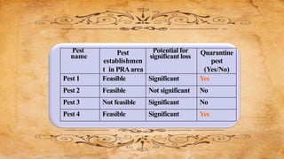 Pest
name
Pest
establishmen
t in PRAarea
Potential for
significant loss
Quarantine
pest
(Yes/No)
Pest 1 Feasible Significant Yes
Pest 2 Feasible Not significant No
Pest 3 Not feasible Significant No
Pest 4 Feasible Significant Yes
 